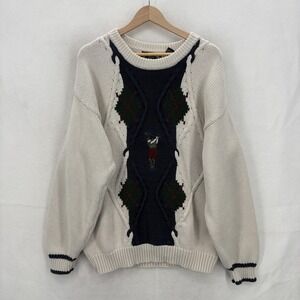 Vintage Fairway Sport Sweater Mens 2XL White Crewneck Golf Argyle Cable Knit 90s